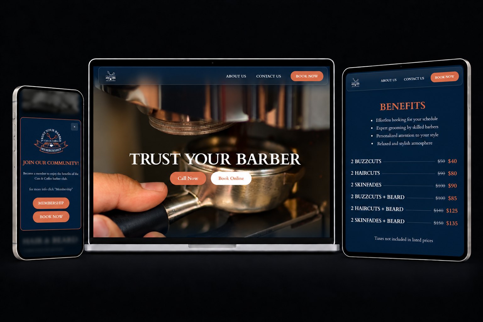 Cuts & Coffee website on laptop, tablet and phone
