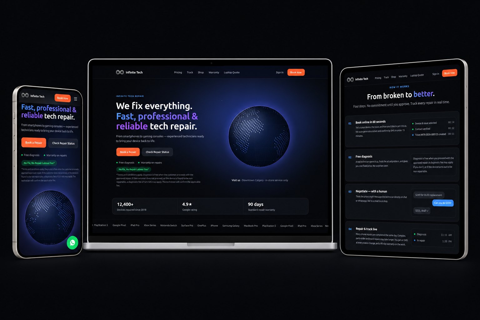 Infinite Tech Repair website on laptop, tablet and phone