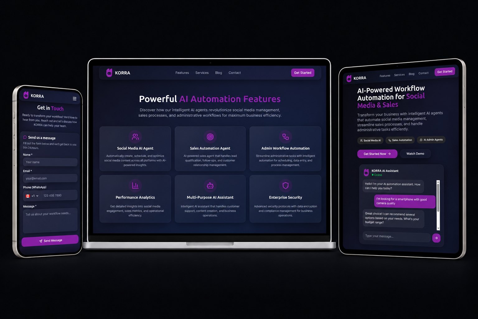 KORRA AI website on laptop, tablet and phone