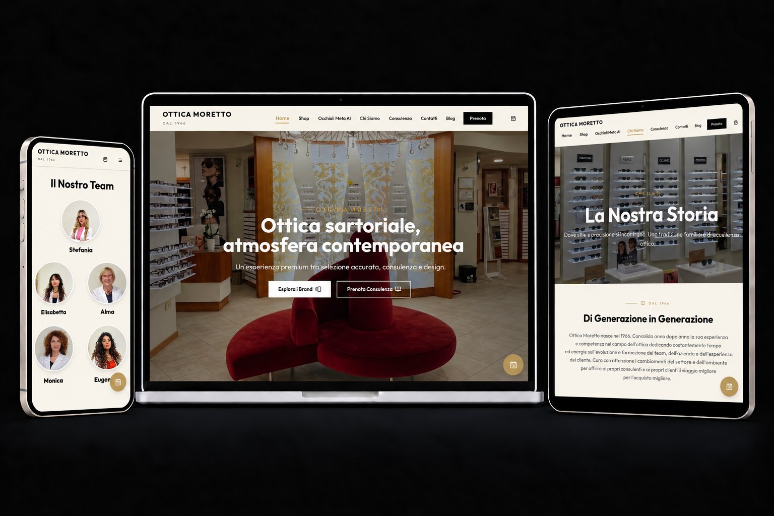 Ottica Moretto Store website on laptop, tablet and phone